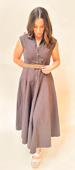 Taylor Cocoa Poplin Sleeveless Belted Midi Dress - Dear GigiS