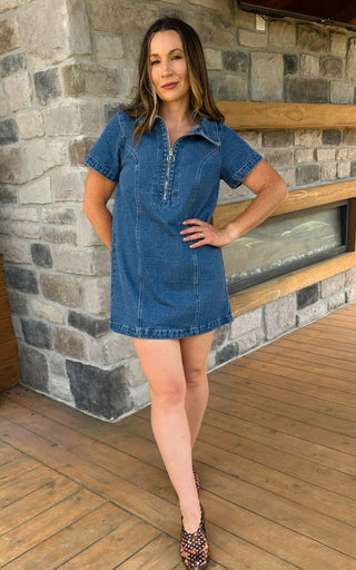 Washed Denim Zipped Mini Dress - Dear GigiSmall