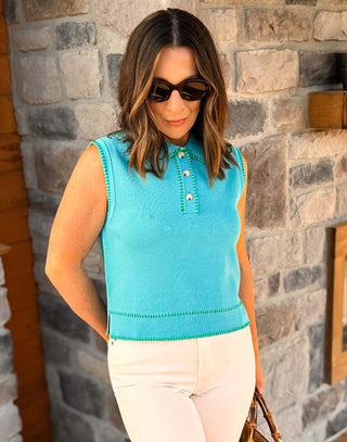 Ivy Aqua Blue Sleeveless Collared Shirt - Dear GigiSmallaqua