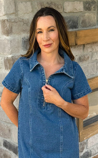 Washed Denim Zipped Mini Dress - Dear GigiSmall
