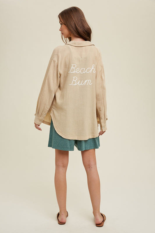 BEACH BUM EMBROIDERED GAUZE SHIRT WITH RAW EDGE