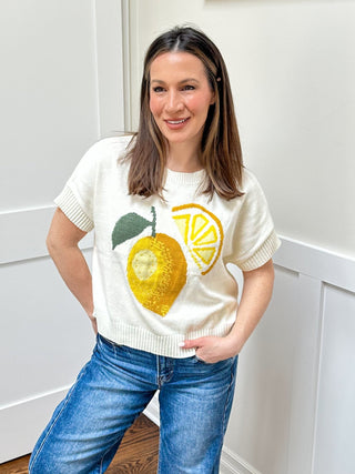 Crewneck Short Sleeve Lemon Graphic Sweater - Dear GigiS