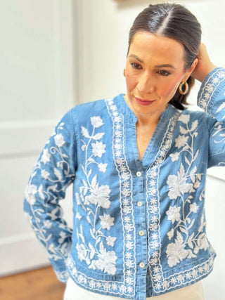 Floral Light Denim Blouse - Dear GigiS