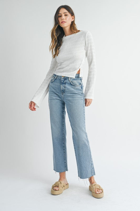 TEXTURED BELL SLEEVE SIDE SLIT BOAT NECK TOP