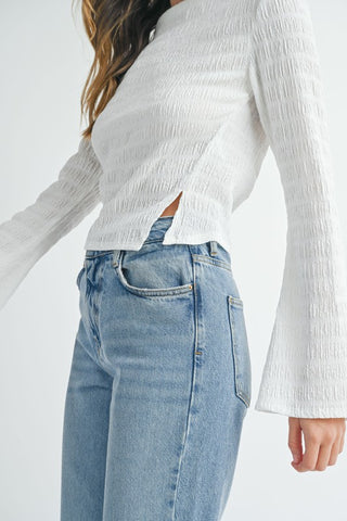 TEXTURED BELL SLEEVE SIDE SLIT BOAT NECK TOP