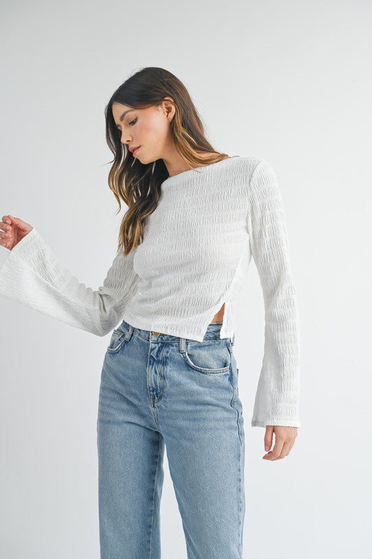 TEXTURED BELL SLEEVE SIDE SLIT BOAT NECK TOP