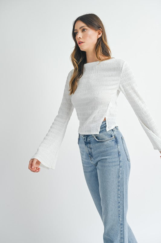 TEXTURED BELL SLEEVE SIDE SLIT BOAT NECK TOP