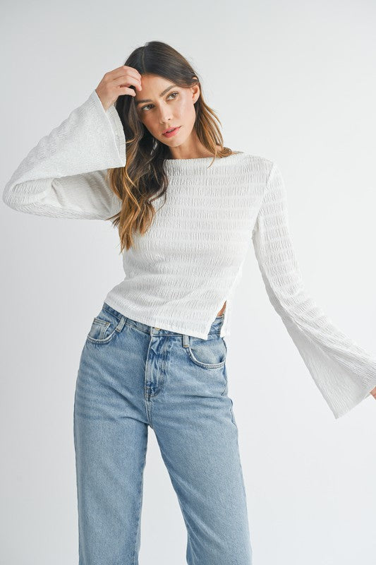 TEXTURED BELL SLEEVE SIDE SLIT BOAT NECK TOP