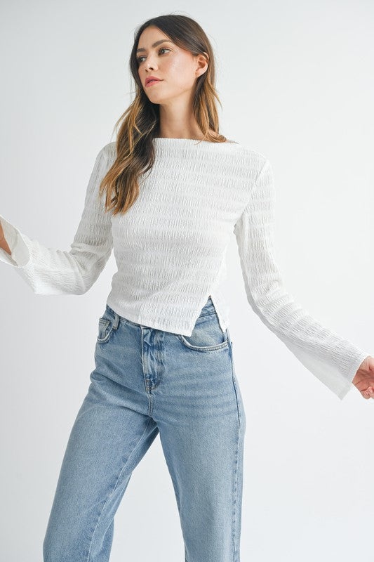 TEXTURED BELL SLEEVE SIDE SLIT BOAT NECK TOP