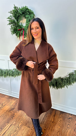 The Sloane Coat — chocolate tie-waist coat with detachable fur sleeves
