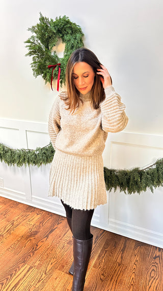 The Campbell Set — oat knit sweater and pleated mini skirt
