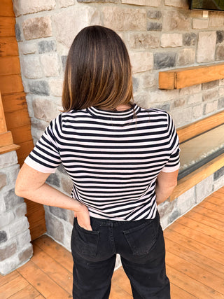 black and white striped short sleeve sweater