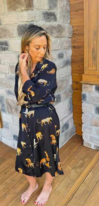 black satin-type cheetah print button down midi dress