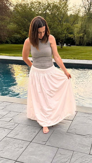 Camille White Smocked Waist Midi Skirt - Dear GigiWhite