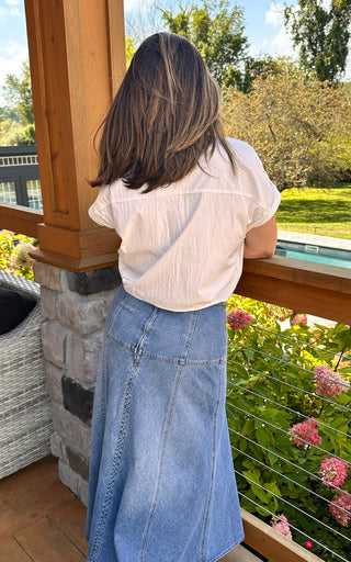 denim midi skirt with gold horsebit detail on sides