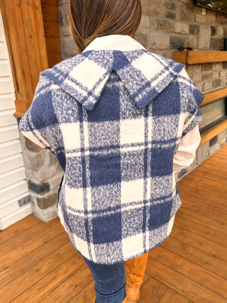 blue and ivory plaid outerwear vest