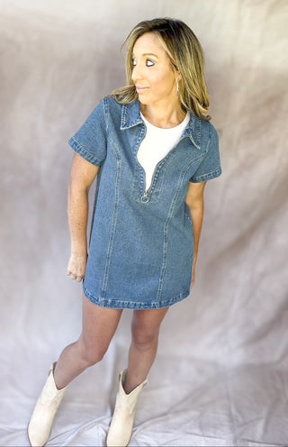 Washed Denim Zipped Mini Dress