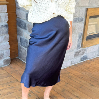 navy midi satin skirt