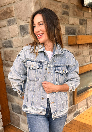 pearl and rhinestone embellished denim jacket