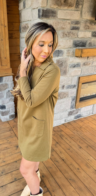 classic ponte shift dress in olive