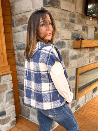blue and ivory plaid outerwear vest