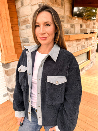 Navy blue sherpa jacket with denim trim