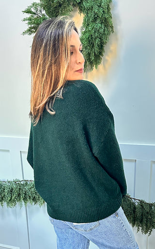 women's dark green oversized sweater with baby deer graphic