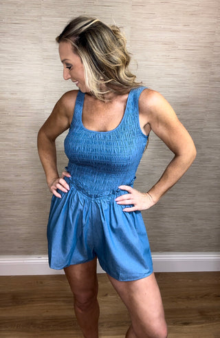 Blue Ruched Short Romper