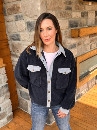 Navy blue sherpa jacket with denim trim