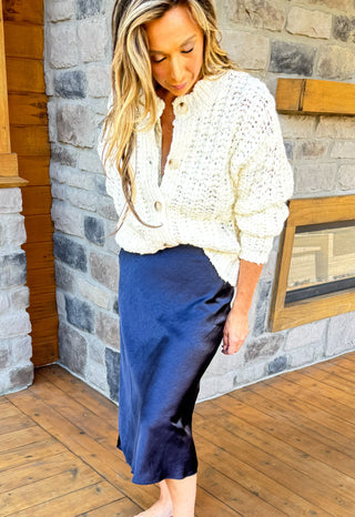 navy midi satin skirt