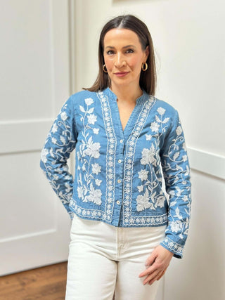Floral Light Denim Blouse - Dear GigiS