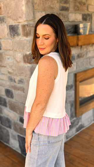 Harper White Pique Sleeveless Top with Pink Shirting Layer - Dear GigiWhiteSmall