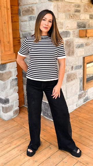 black and white striped short sleeve sweater