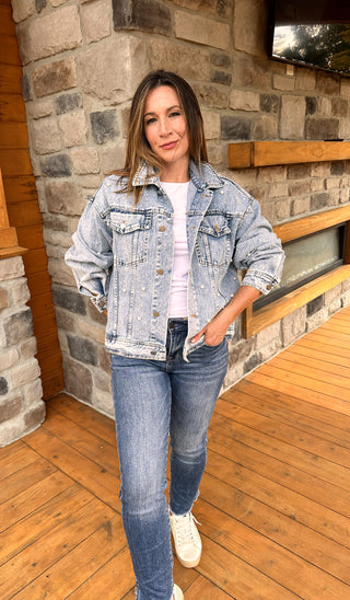 pearl and rhinestone embellished denim jacket