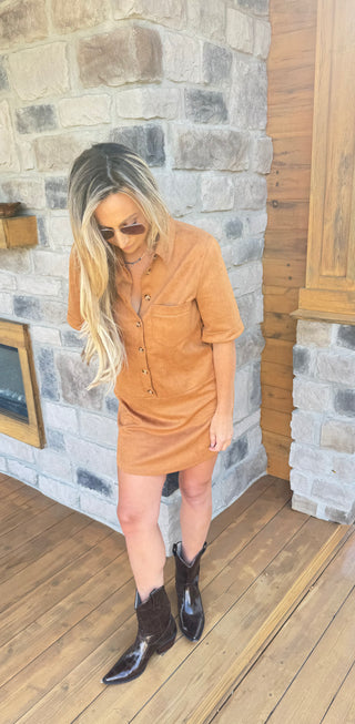 caramel color faux suede short sleeve short dress with button down front