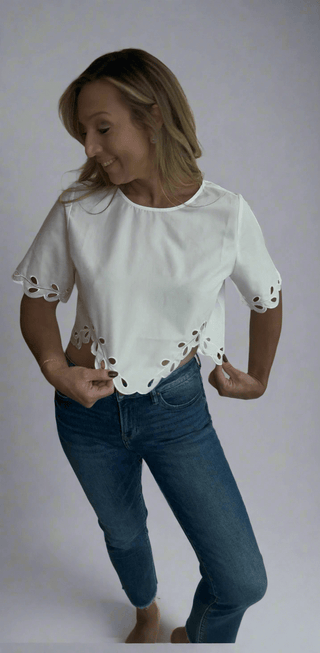 white scalloped and laser cut handkerchief hem short sleeve shirt - Dear Gigi