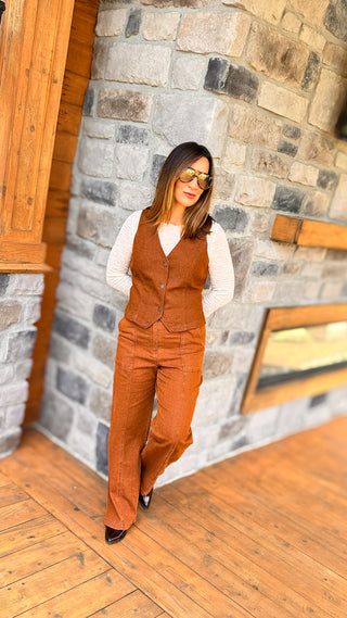mocha brown denim vest and straight leg pant set