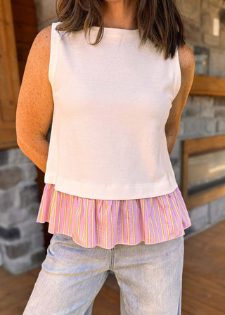 Harper White Pique Sleeveless Top with Pink Shirting Layer - Dear GigiWhiteSmall