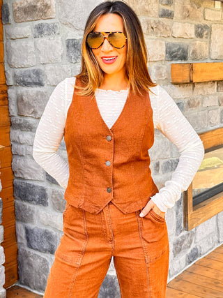 mocha brown denim vest and straight leg pant set