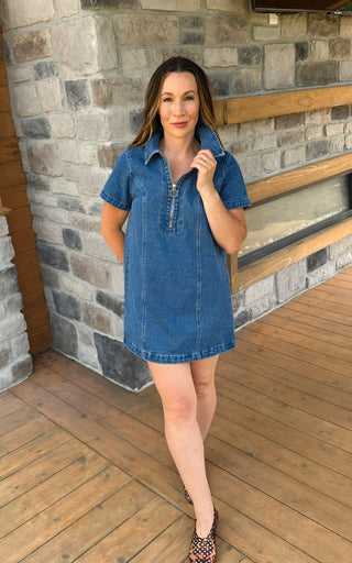 Washed Denim Zipped Mini Dress - Dear GigiSmall