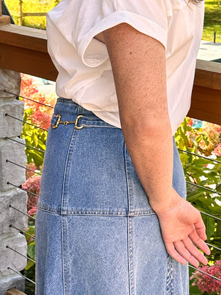 denim midi skirt with gold horsebit detail on sides