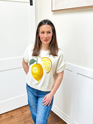 Crewneck Short Sleeve Lemon Graphic Sweater - Dear GigiS