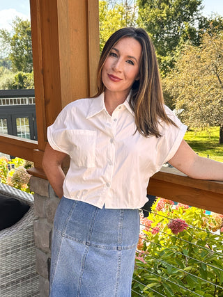 modern white cropped button down short sleeve shirt