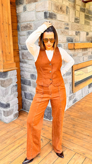 mocha brown denim vest and straight leg pant set