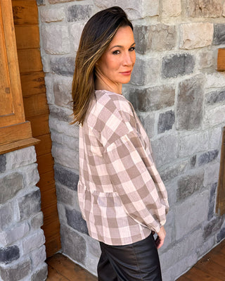 Peplum Tan Buffalo Check Blouse