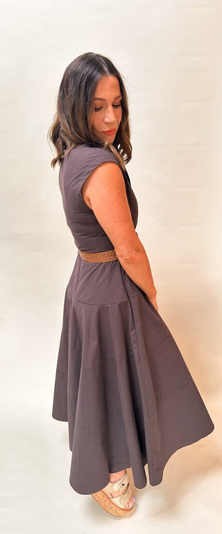 Taylor Cocoa Poplin Sleeveless Belted Midi Dress - Dear GigiS