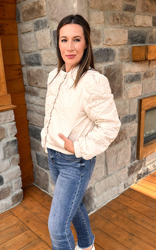 cream quilted princess sleeve button up lightweight jacket