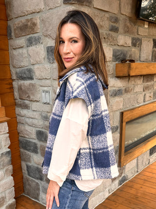 blue and ivory plaid outerwear vest