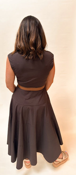 Taylor Cocoa Poplin Sleeveless Belted Midi Dress - Dear GigiS