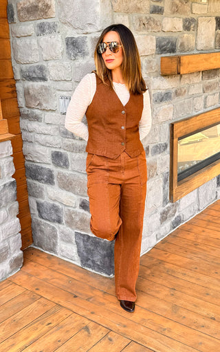 mocha brown denim vest and straight leg pant set